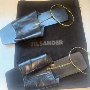 Jil Sander Black Leather Slides with Gold Rings